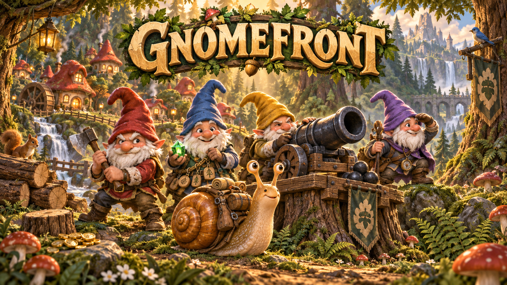 Four gnome heroes team up with their supply snail and cannon tower to defend a woodland village.